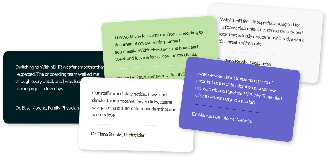 A collage of testimonial cards and EMR screens